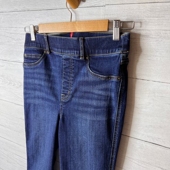 Spanx Jeans Womens Size Small Tall Blue Bootcut Flare Raw Hem Midnight Shade - Picture 6 of 16